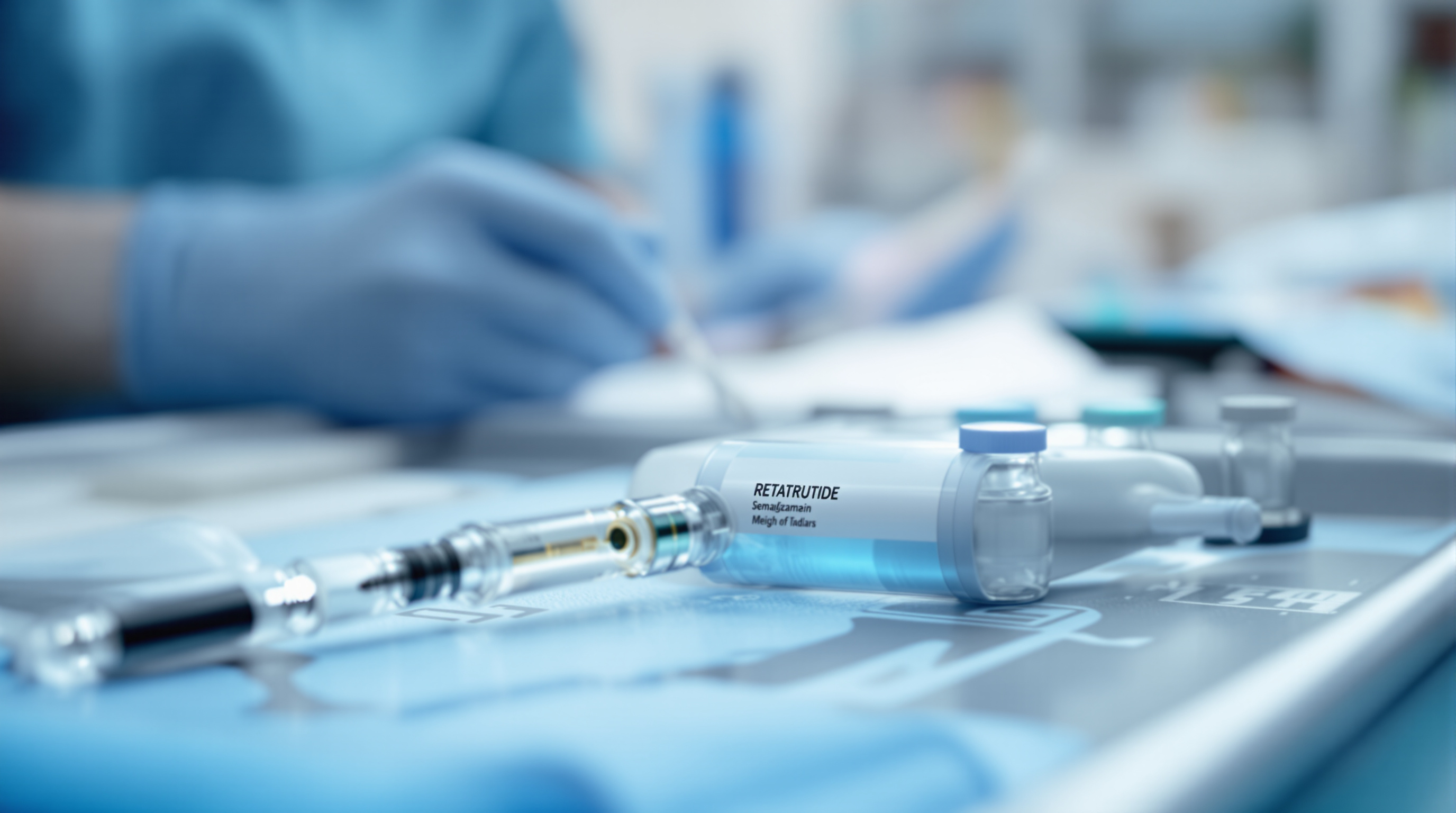 Three unbranded medical injection pens lined up in a row on a clean white clinical surface in soft daylight