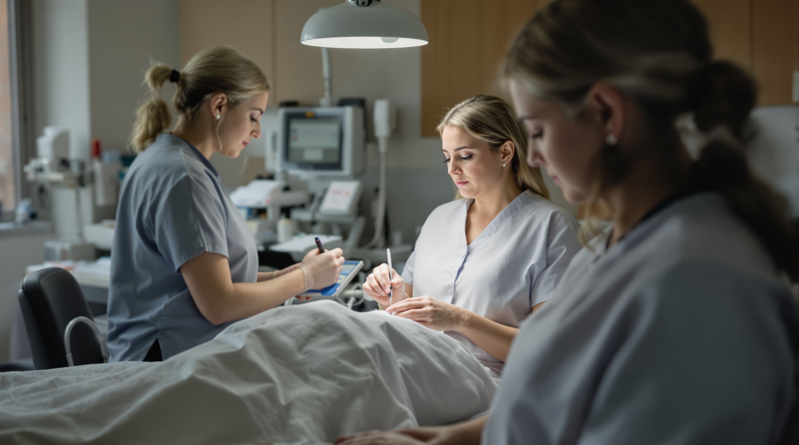 A plastic surgeon talking with a seated patient in a bright modern consultation room